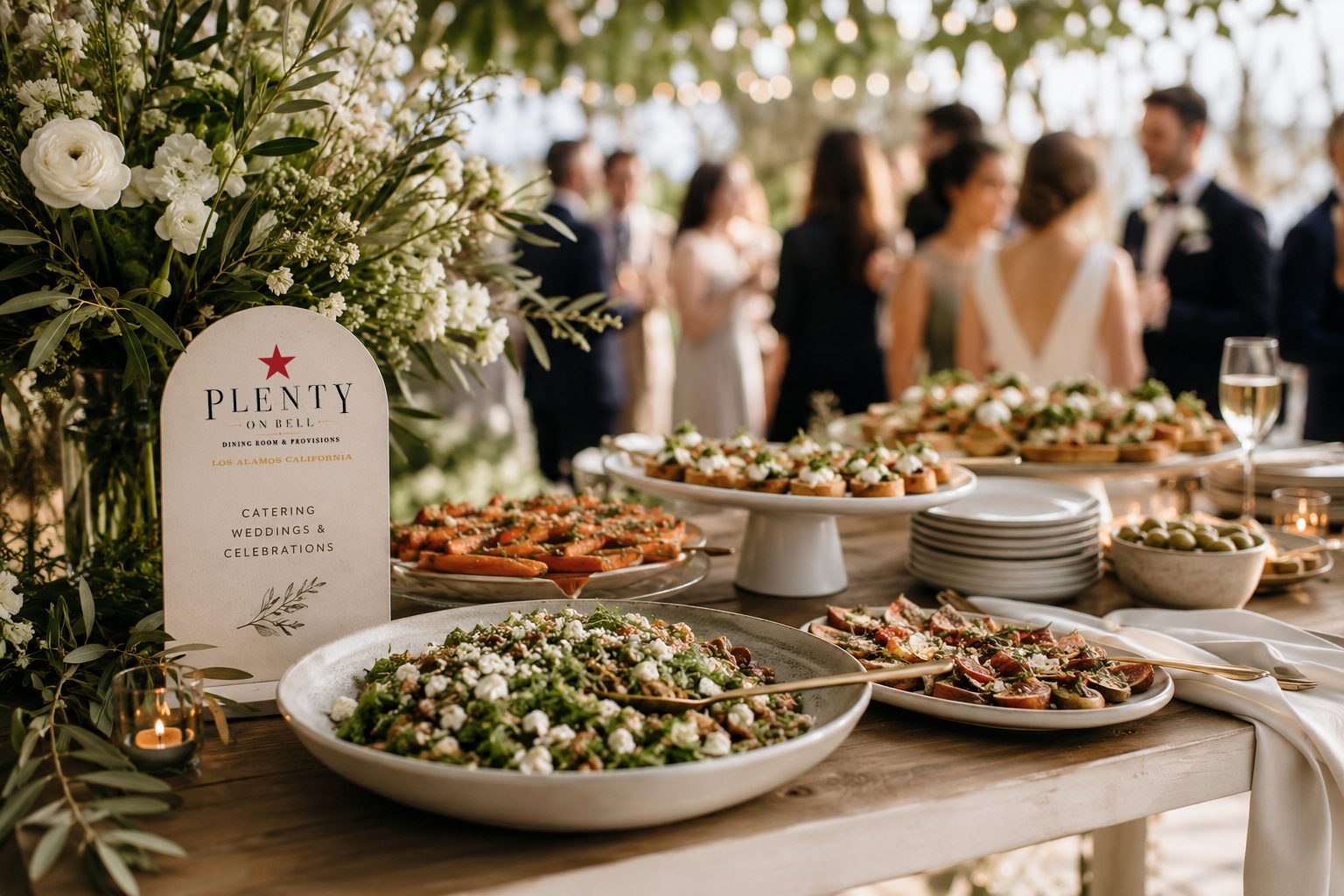 An outdoor wedding reception under string lights with floral centerpieces